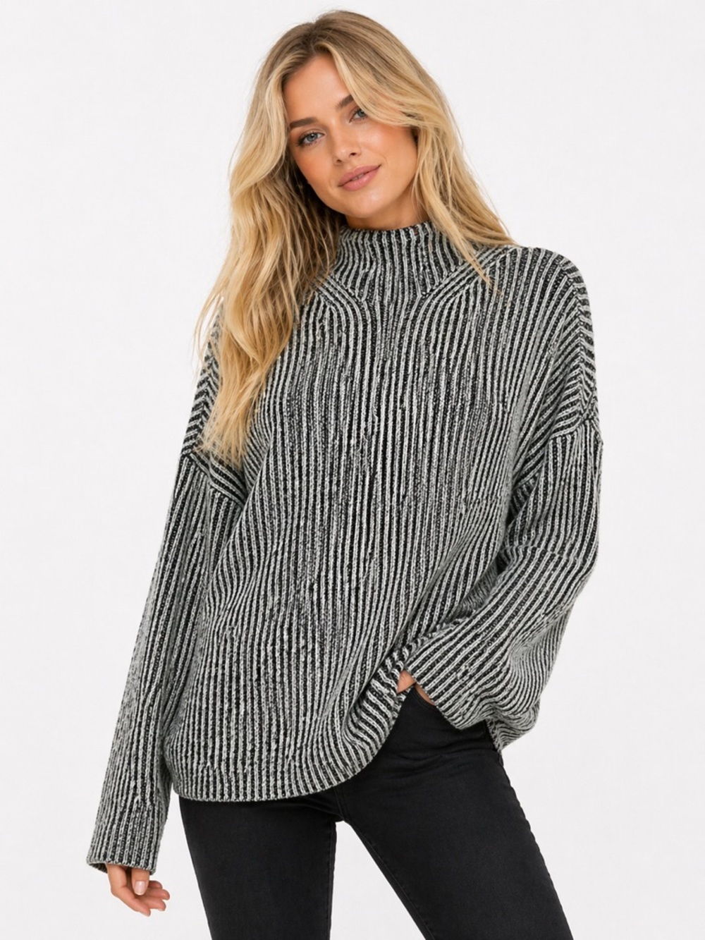 Thread & Supply Rina Sweater Large Blanc Black Ribbed Mock Neck Oversized Cozy